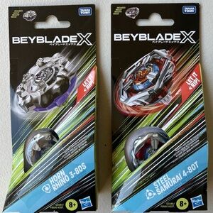 Beyblade X - 2x Single Packs - Horn Rhino 3-80S & Steel Samurai 4-80T - NEW